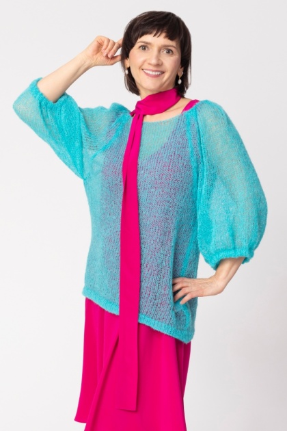 Elegancka wełniana bluzka z bufiastymi rękawami Bianca - Jasny Turkus