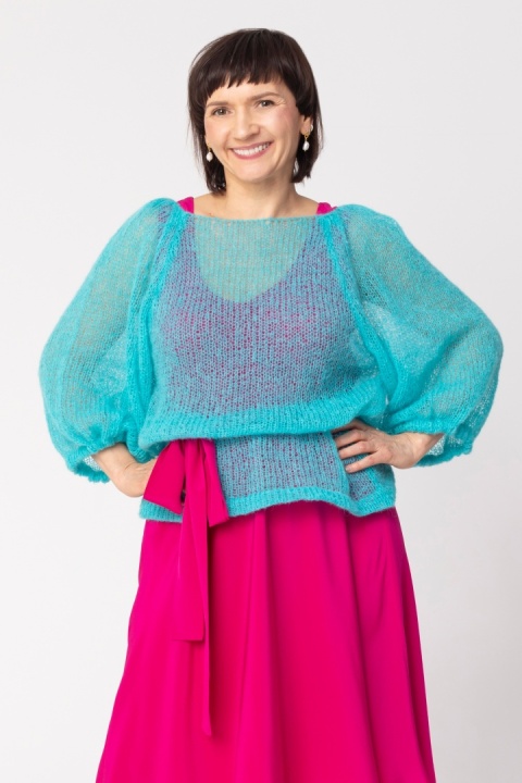 Elegancka wełniana bluzka z bufiastymi rękawami Bianca - Jasny Turkus