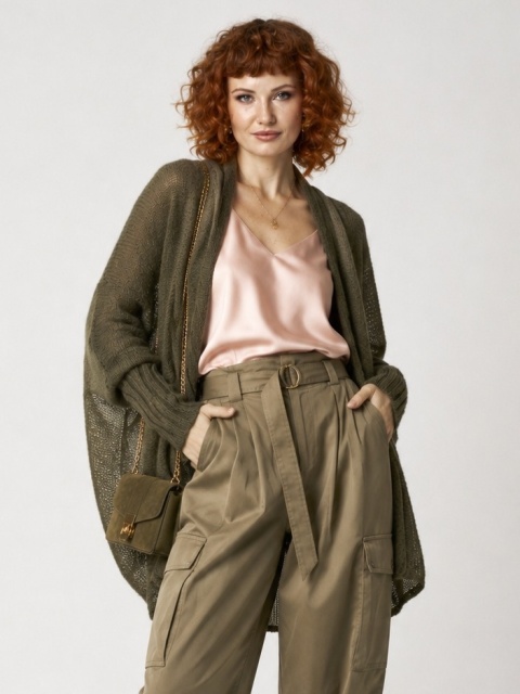 Lekki kardigan wełniany damski Kamila - Khaki