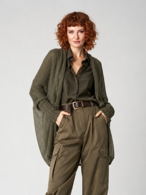 Lekki kardigan wełniany damski Kamila - Khaki