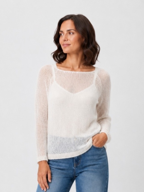 Lekki sweter mgiełka z wełny alpaki Bali - Biały