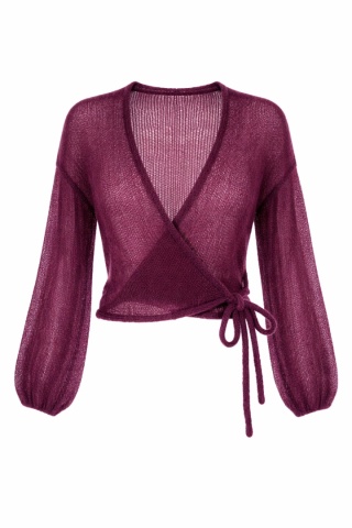 Lekki kopertowy kardigan wełniany Nadia - Bakłażanowy