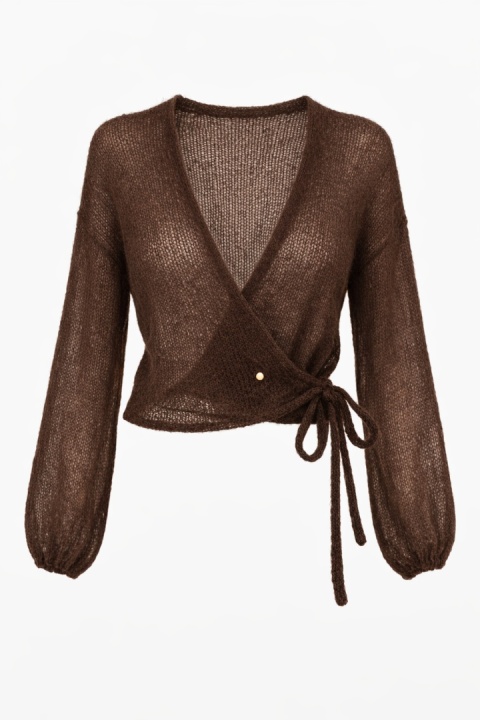 Lekki kopertowy kardigan wełniany Nadia - Czekoladowy