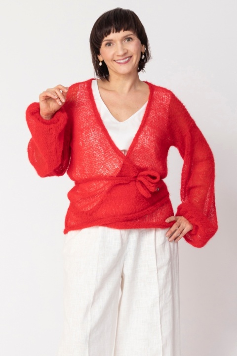 Lekki kopertowy kardigan wełniany Nadia - Czerwony