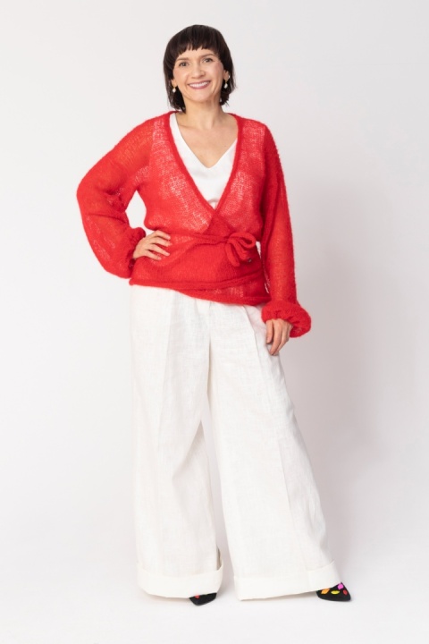 Lekki kopertowy kardigan wełniany Nadia - Czerwony