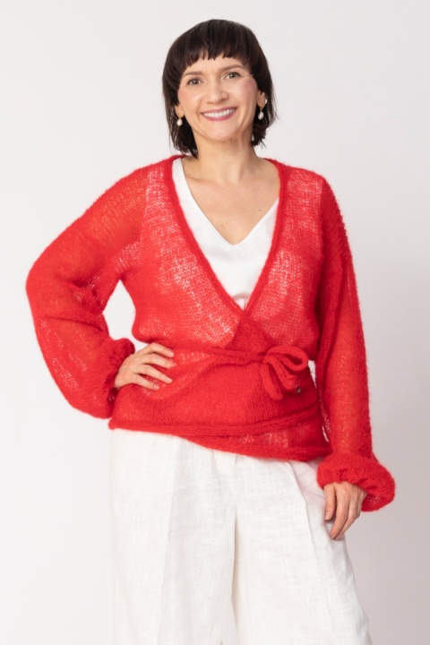 Lekki kopertowy kardigan wełniany Nadia - Czerwony