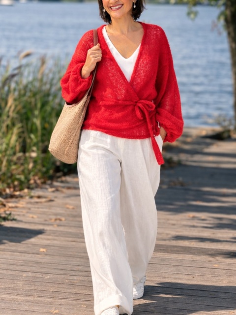 Lekki kopertowy kardigan wełniany Nadia - Czerwony