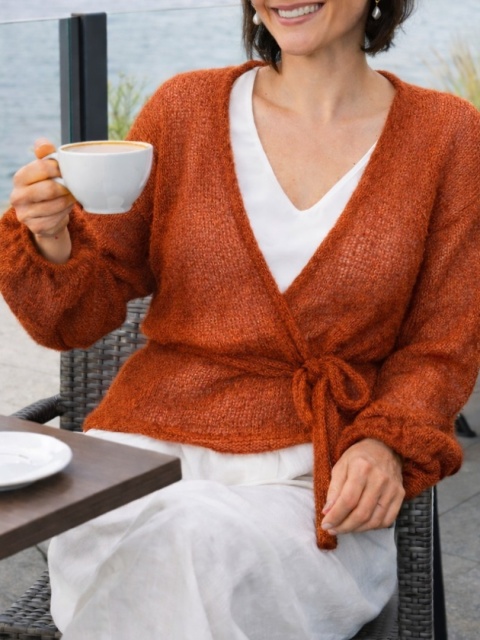 Lekki kopertowy kardigan wełniany Nadia - Rdza