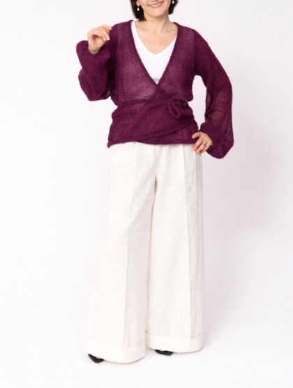 Lekki kopertowy kardigan wełniany Nadia - Bakłażanowy