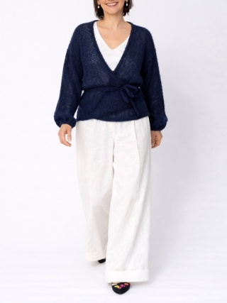 Lekki kopertowy kardigan wełniany Nadia - Granatowy