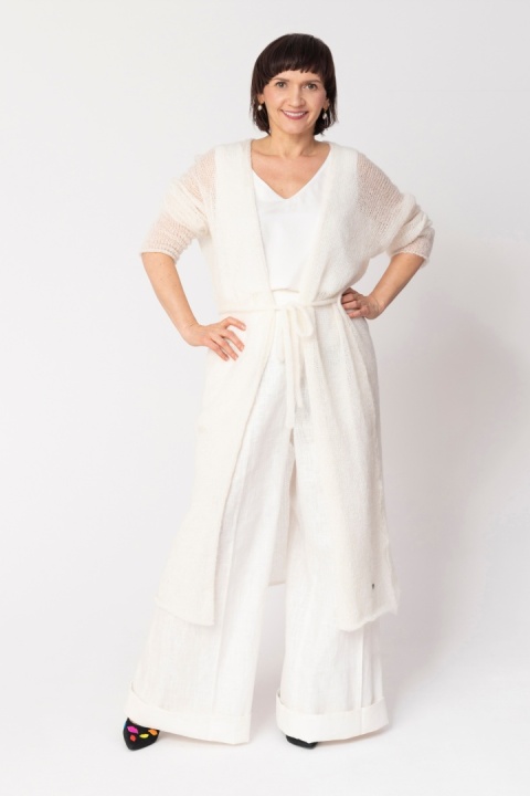 Lekki sweter mgła z paskiem długi - Biały