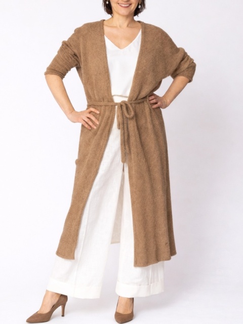 Długi kardigan wełniany z paskiem - Brązowy