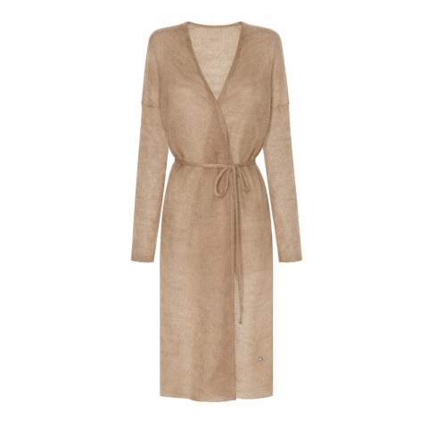 Długi kardigan wełniany z paskiem - Brązowy