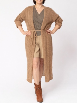 Długi kardigan wełniany z paskiem - Brązowy