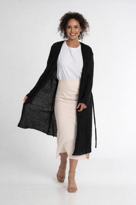 Długi kardigan wełniany z paskiem - Czarny