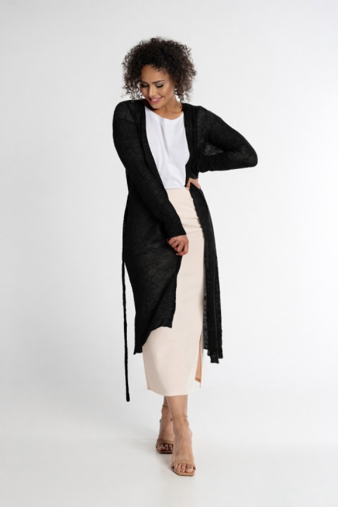 Długi kardigan wełniany z paskiem - Czarny