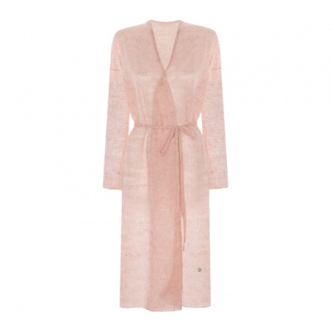 Długi kardigan wełniany z paskiem - Jasny różowy