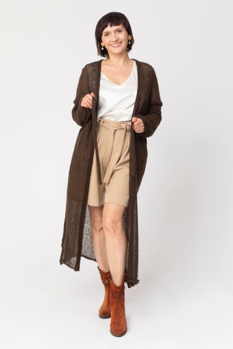 Lekki sweter mgła z paskiem długi - Czekoladowy