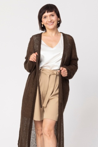 Lekki sweter mgła z paskiem długi - Czekoladowy