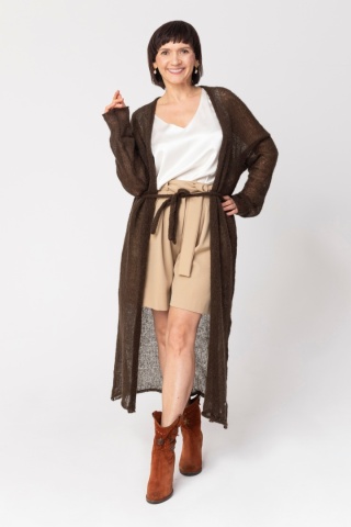 Długi kardigan wełniany z paskiem - Czekoladowy