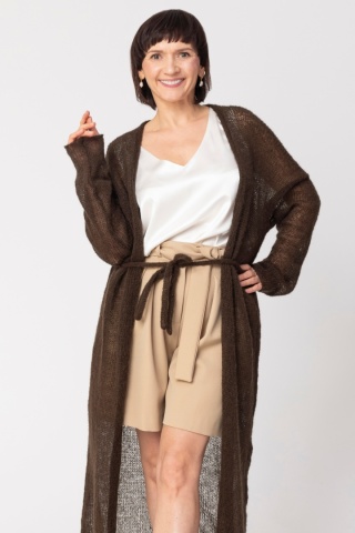 Lekki sweter mgła z paskiem długi - Czekoladowy