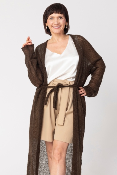 Lekki sweter mgła z paskiem długi - Czekoladowy