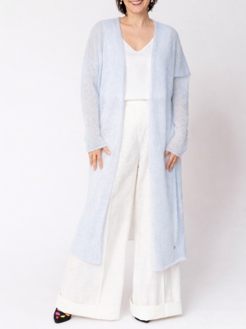 Długi kardigan wełniany z paskiem - Jasny niebieski