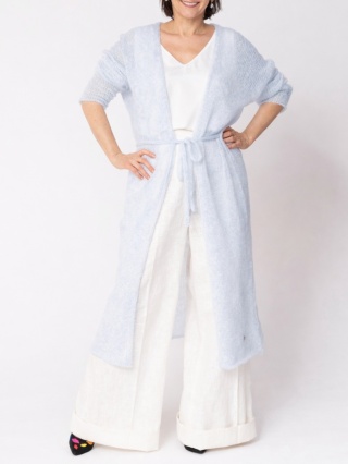 Długi kardigan wełniany z paskiem - Jasny niebieski