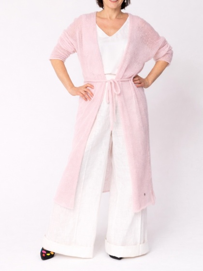Długi kardigan wełniany z paskiem - Jasny różowy