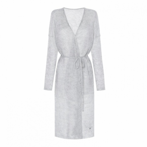 Długi kardigan wełniany z paskiem - Jasny szary