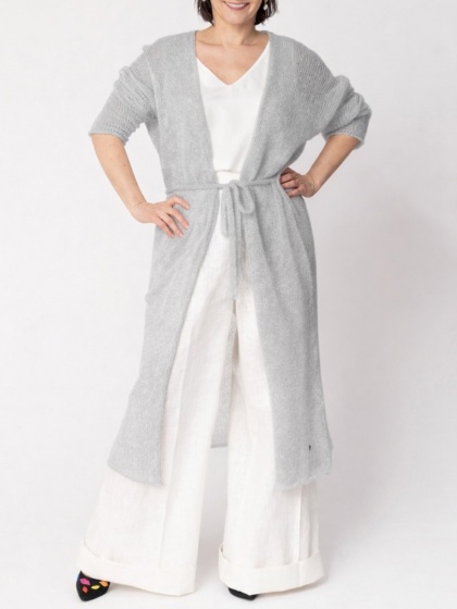 Długi kardigan wełniany z paskiem - Jasny szary