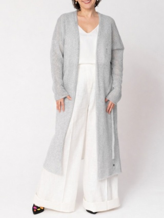 Długi kardigan wełniany z paskiem - Jasny szary