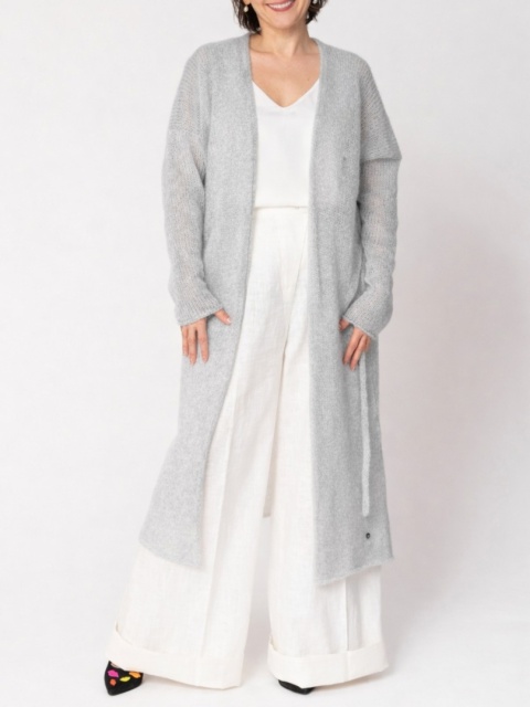 Długi kardigan wełniany z paskiem - Jasny szary