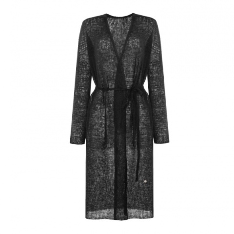 Długi kardigan wełniany z paskiem - Czarny