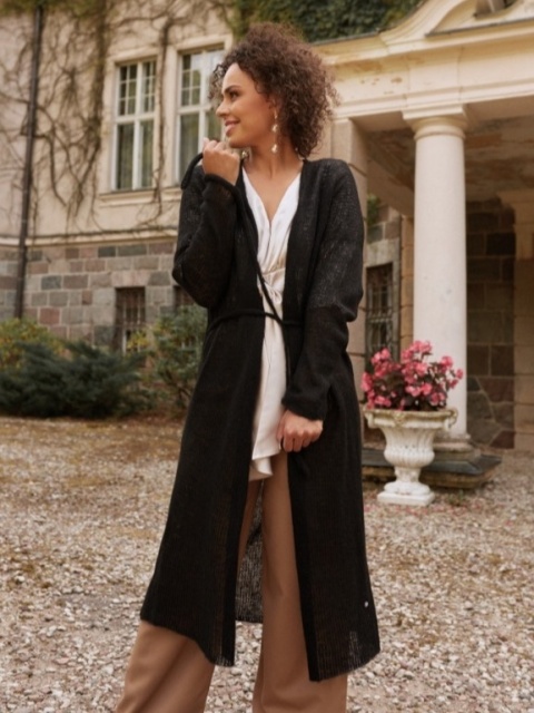 Długi kardigan wełniany z paskiem - Czarny