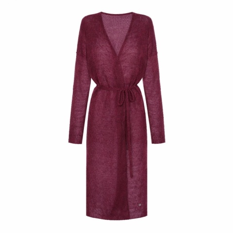 Długi kardigan wełniany z paskiem - Bakłażanowy