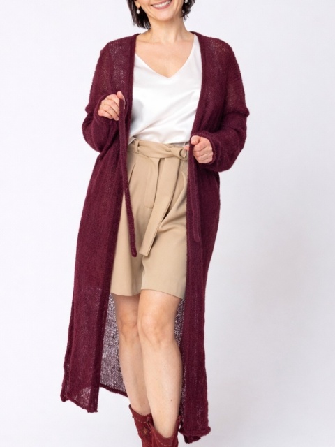 Długi kardigan wełniany z paskiem - Bakłażanowy