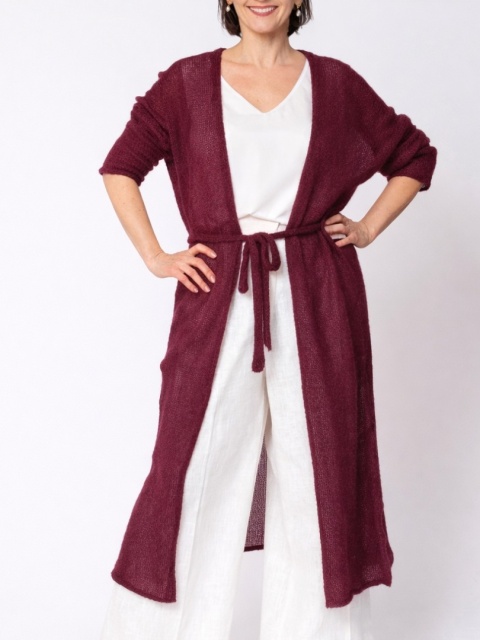 Długi kardigan wełniany z paskiem - Bakłażanowy