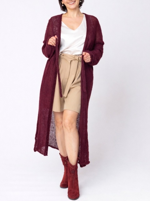 Długi kardigan wełniany z paskiem - Bakłażanowy