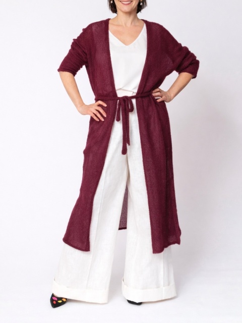 Długi kardigan wełniany z paskiem - Bakłażanowy