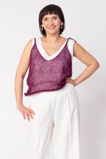 Lekki wełniany top na ramiączkach Lena - Bakłażanowy