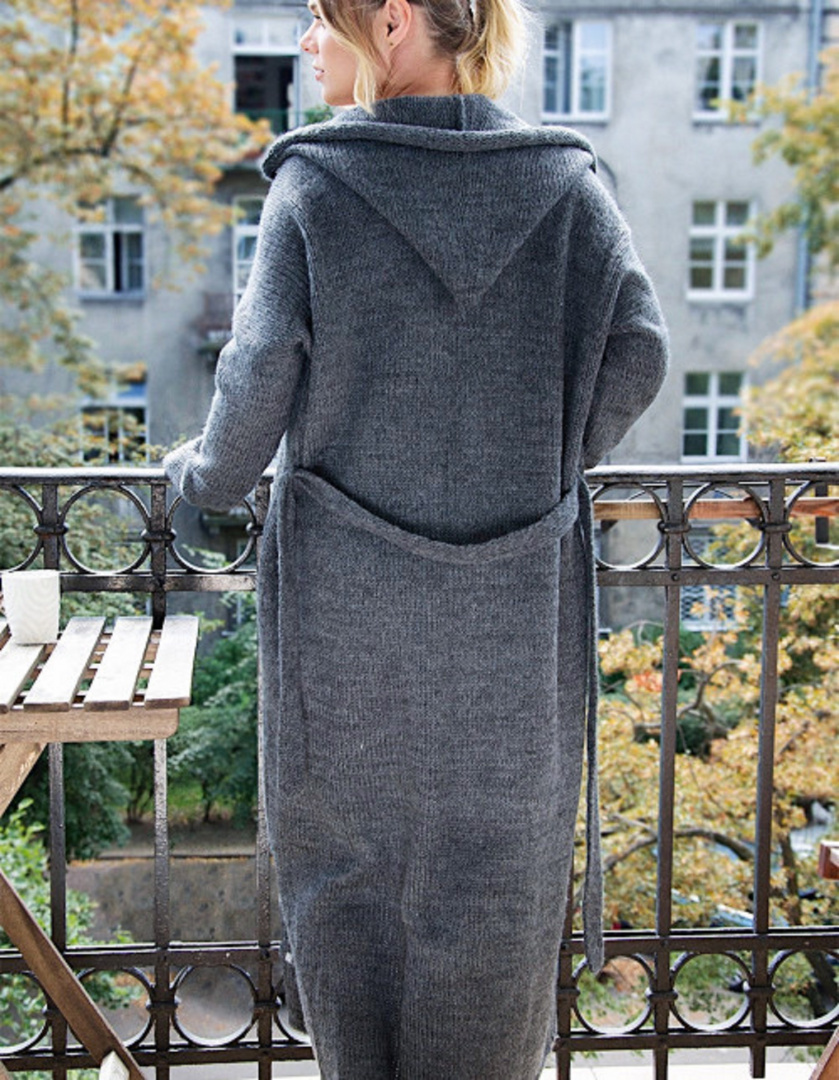 Cuddly long cardigan Przystań with a hood - Graphite