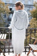 Cuddly long cardigan Przystań with a hood - Light Grey