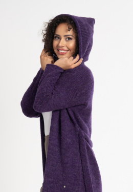 Cuddly long cardigan Przystań with a hood - Purple
