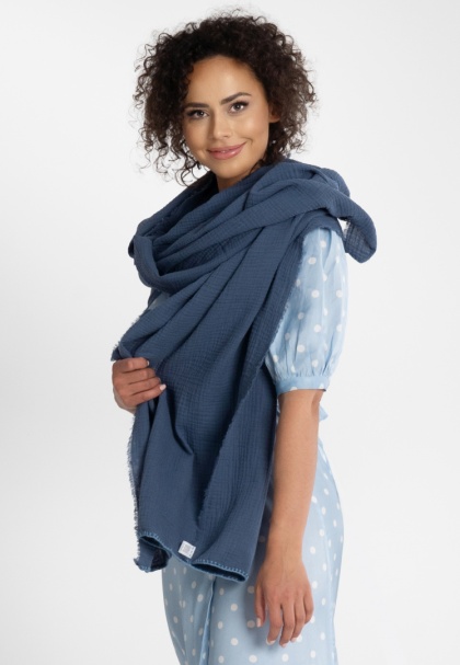 Bawełniany szal-etola z muślinu - Niebieski