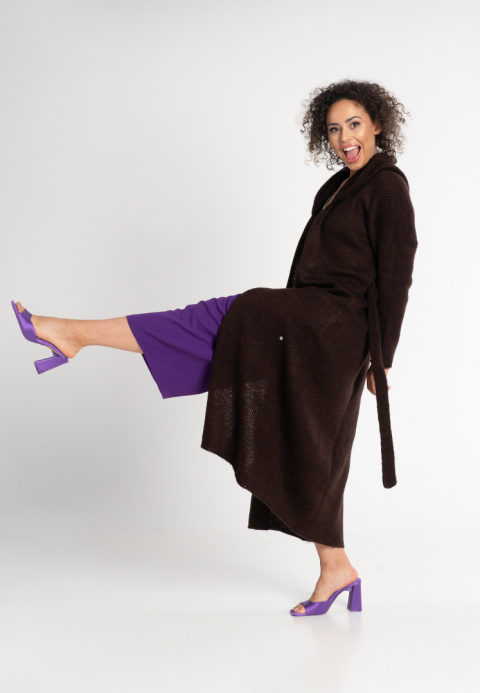 Otulający długi kardigan z kapturem Przystań - Czekoladowy