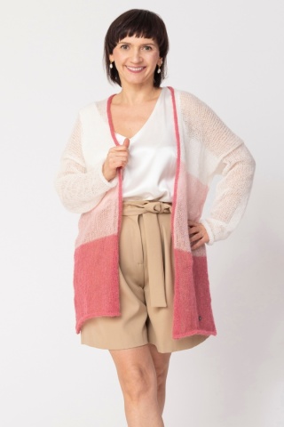 Sweter wełniany w pasy - kardigan damski Pudrowy róż
