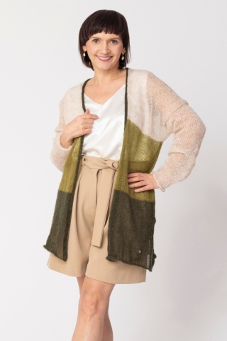 Sweter wełniany w pasy - kardigan damski Oliwkowy