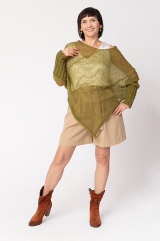 Lekkie ponczo damskie z wełny - Oliwkowe